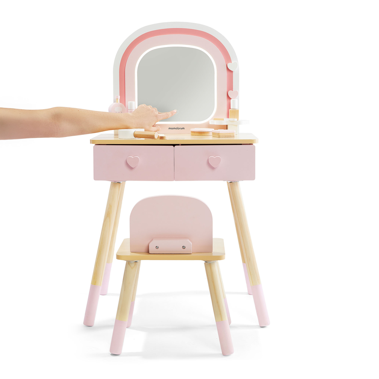 Coiffeuse en bois pour enfants avec éclairage LED à luminosité réglable, chaise et accessoires inclus.