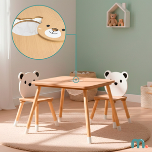 Table en bois avec rangement et 2 chaises Ensemble enfant - Ours en peluche mignon