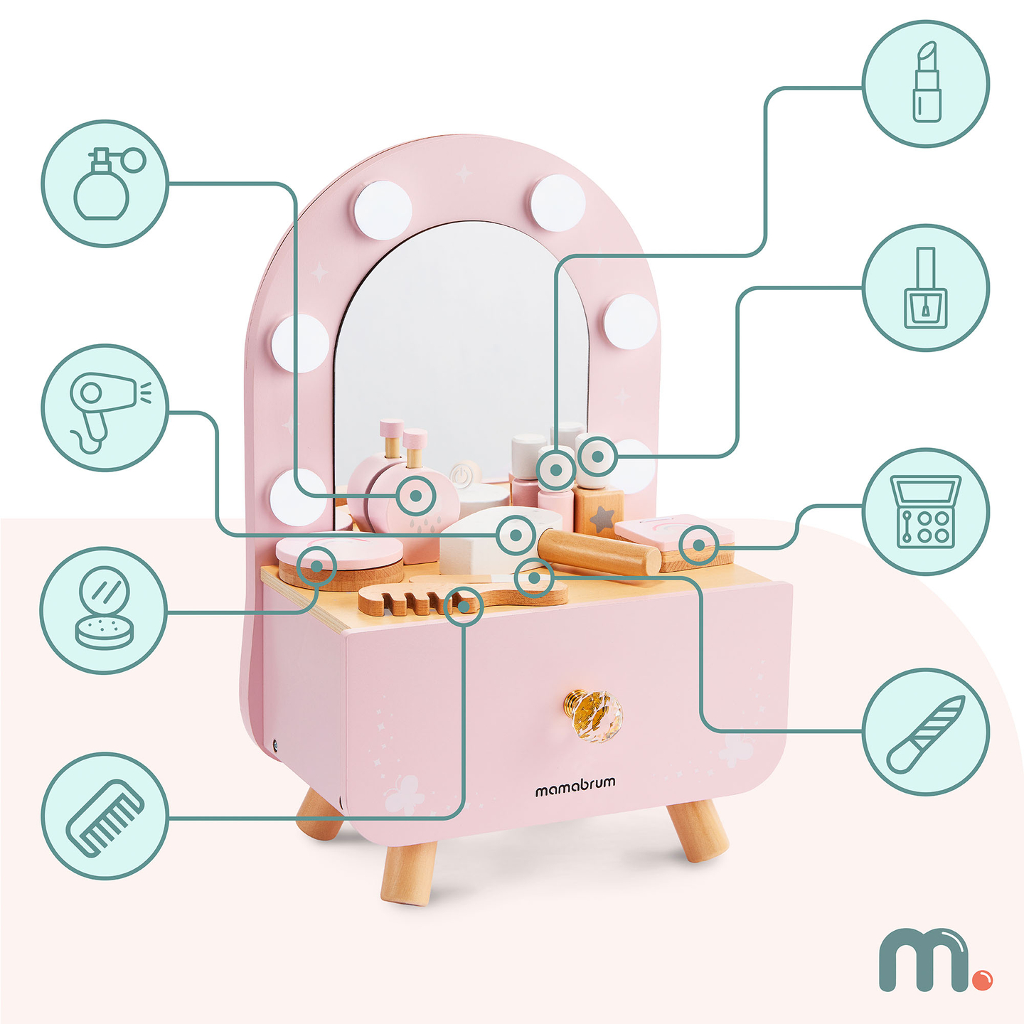 Mini coiffeuse en bois pour enfants avec accessoires et éclairage LED à luminosité réglable.