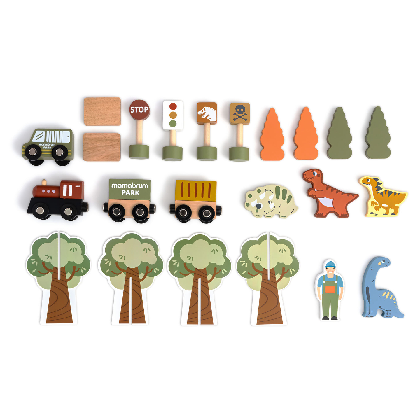 Train en bois Dino Park avec tapis antidérapant - dinosaures, train, rails, volcan, cloche