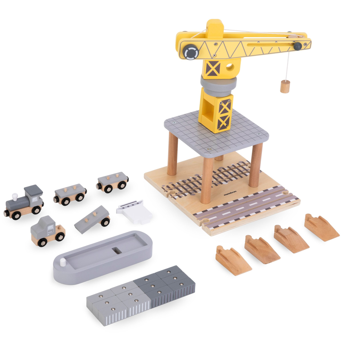 Grue portuaire mobile avec treuil magnétique et accessoires - ensemble en bois