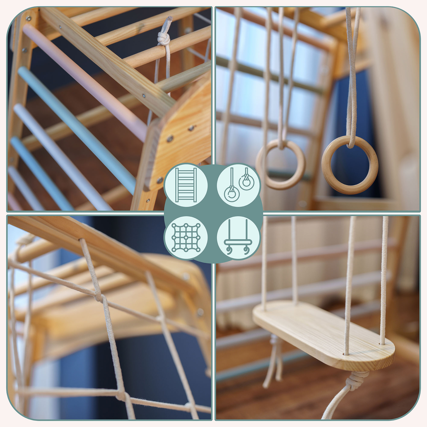 Aire de jeux intérieure en bois avec balançoire, anneaux de gymnastique et filet d'escalade