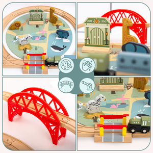 Train ZOO en bois – puzzle, train, rails, animaux, pont, barrière