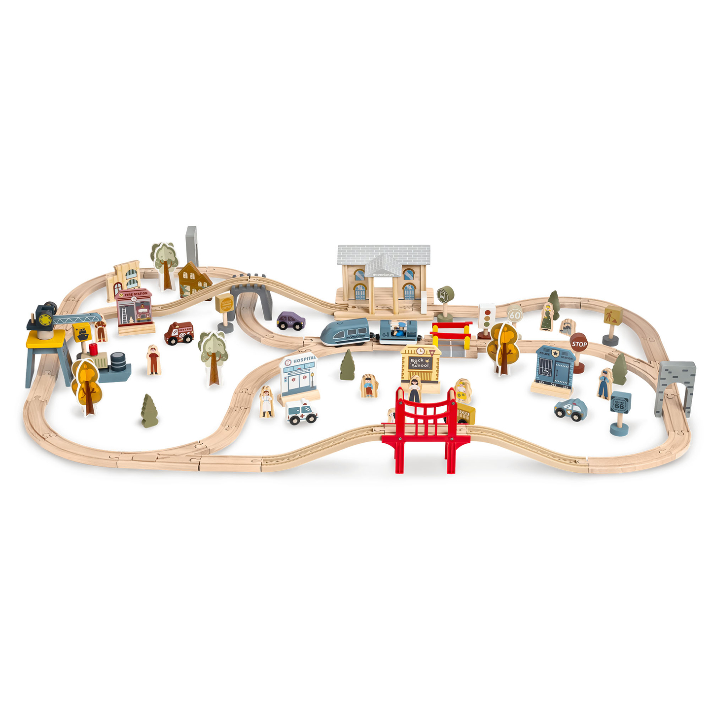 Chemin de fer urbain en bois avec train électrique - grue mobile, bateau, ponts