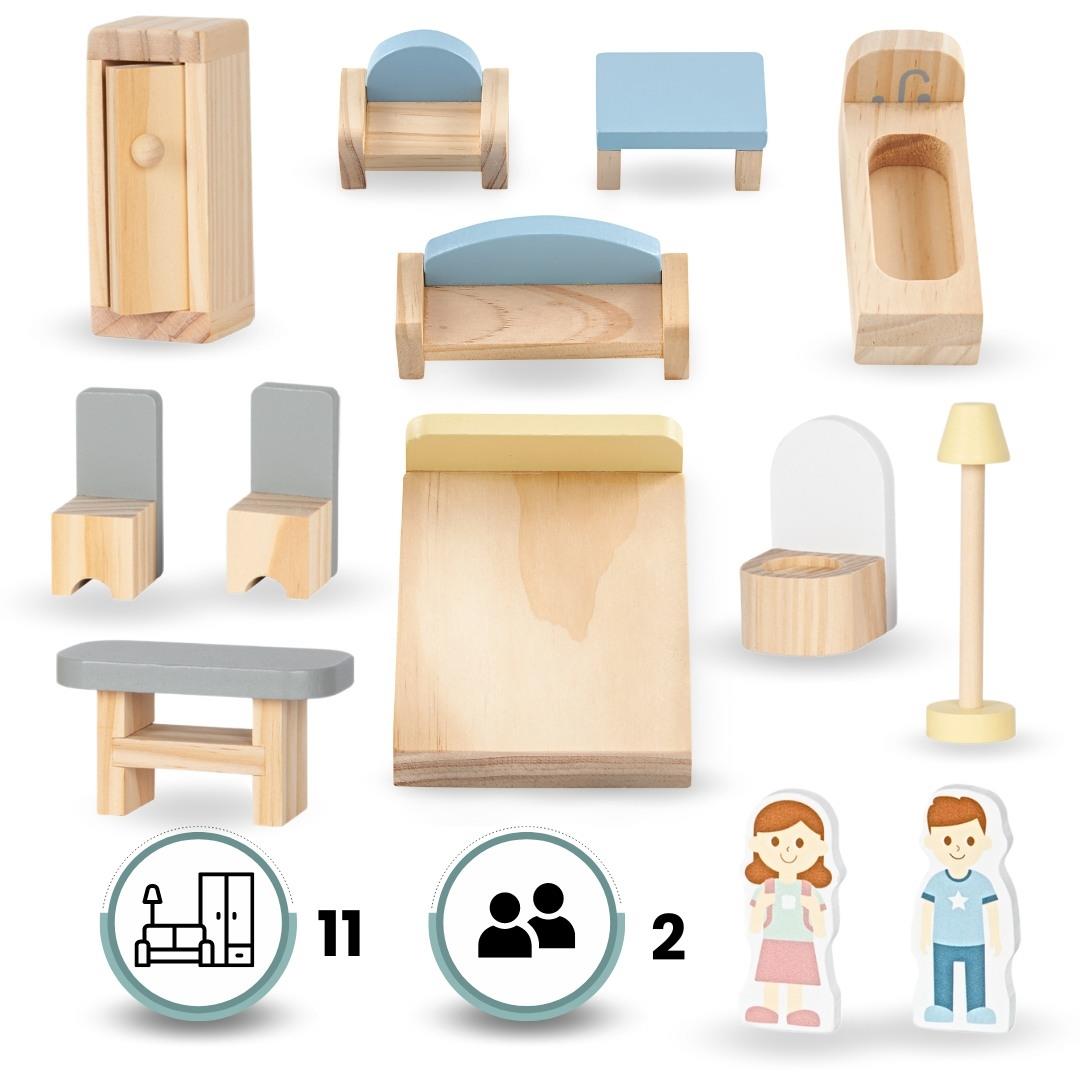 Maison de poupées en bois blanc avec terrasse et accessoires