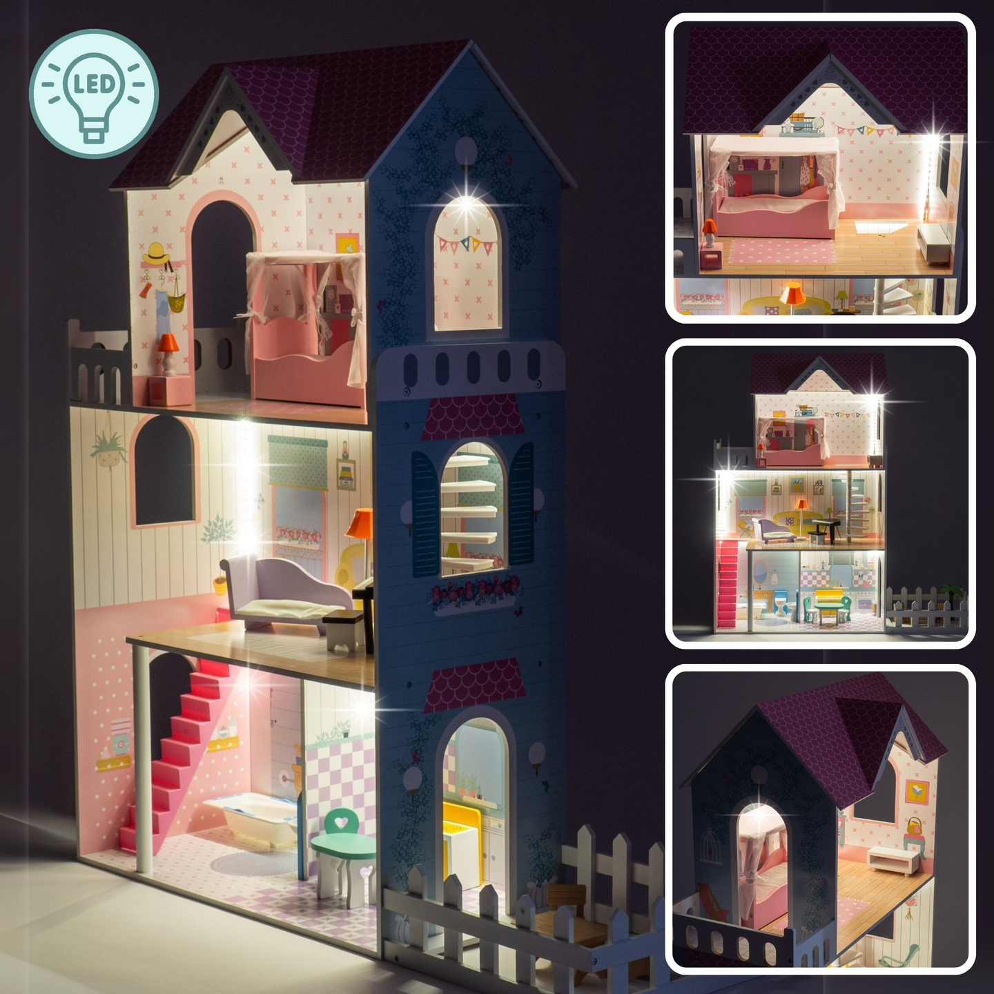 XXL La plus grande maison de poupées en bois - 123 cm - illuminée par LED - terrasse, accessoires, jardin