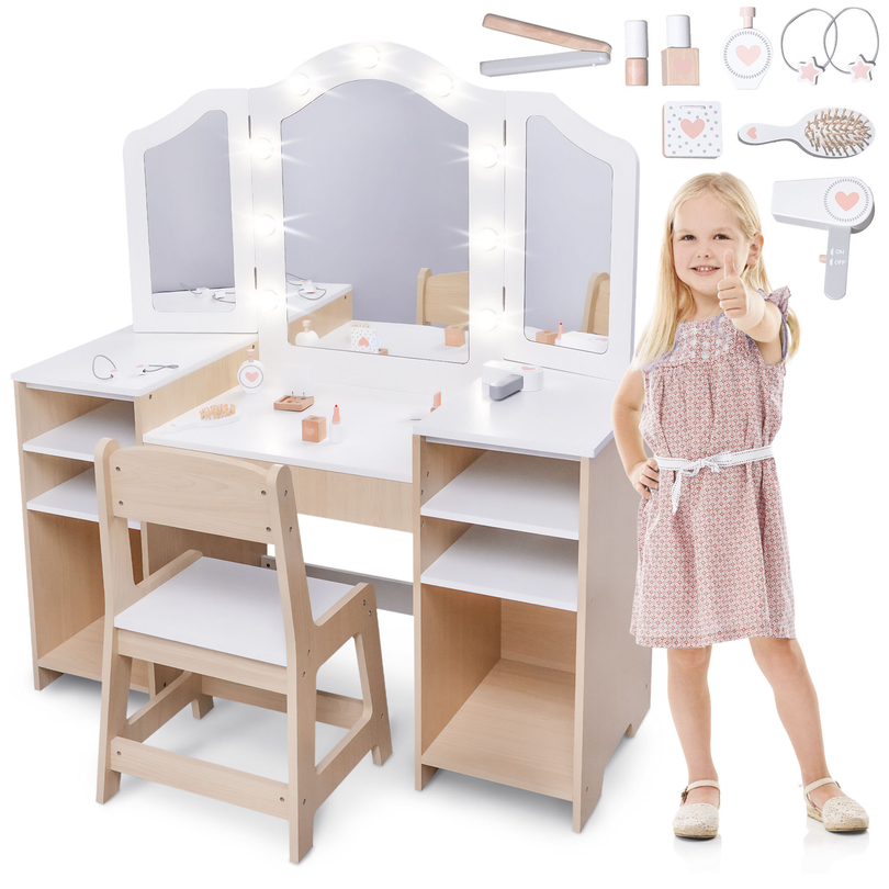 Table à langer en bois pour enfants avec chaise, accessoires et éclairage LED