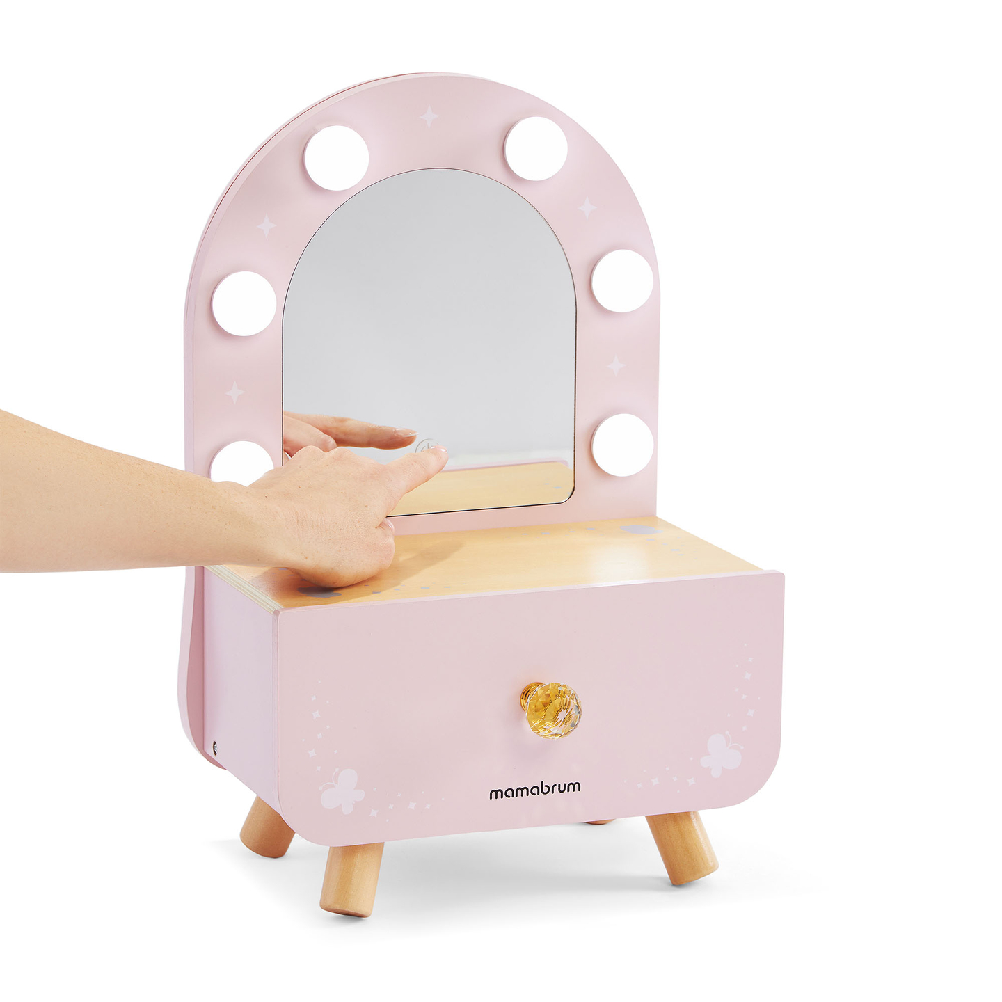 Mini coiffeuse en bois pour enfants avec accessoires et éclairage LED à luminosité réglable.