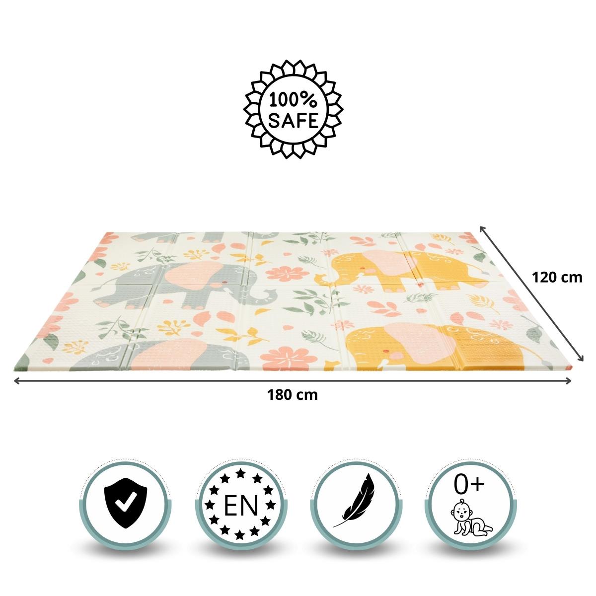 Tapis pliant double face en mousse 180 x 120 x 1cm - Eléphants exotiques/Gris délicat
