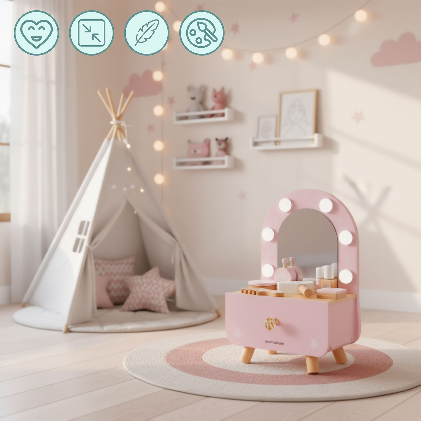 Mini coiffeuse en bois pour enfants avec accessoires et éclairage LED à luminosité réglable.