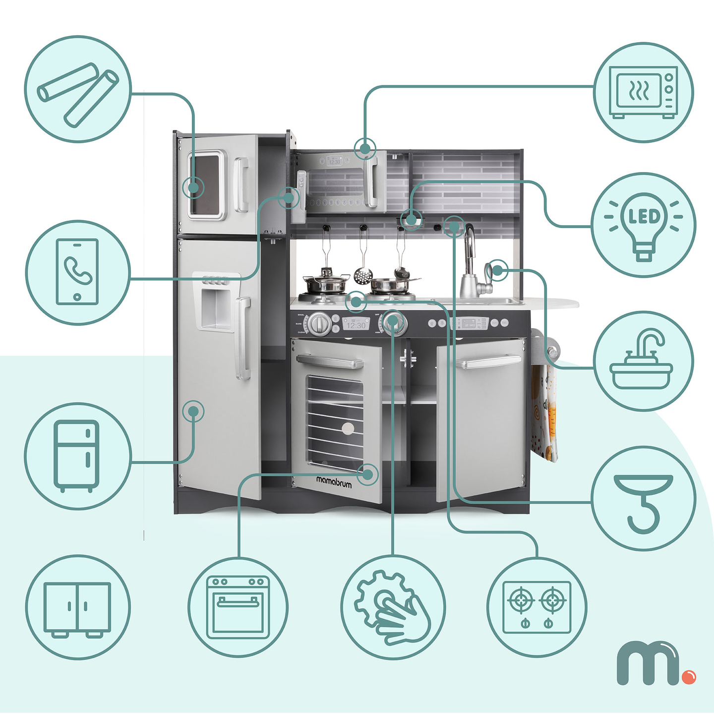 Cuisine en bois XXL avec éclairage LED, tablier et accessoires