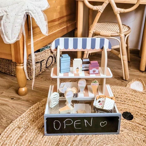 Boutique pliante en bois - café, pâtisserie avec accessoires
