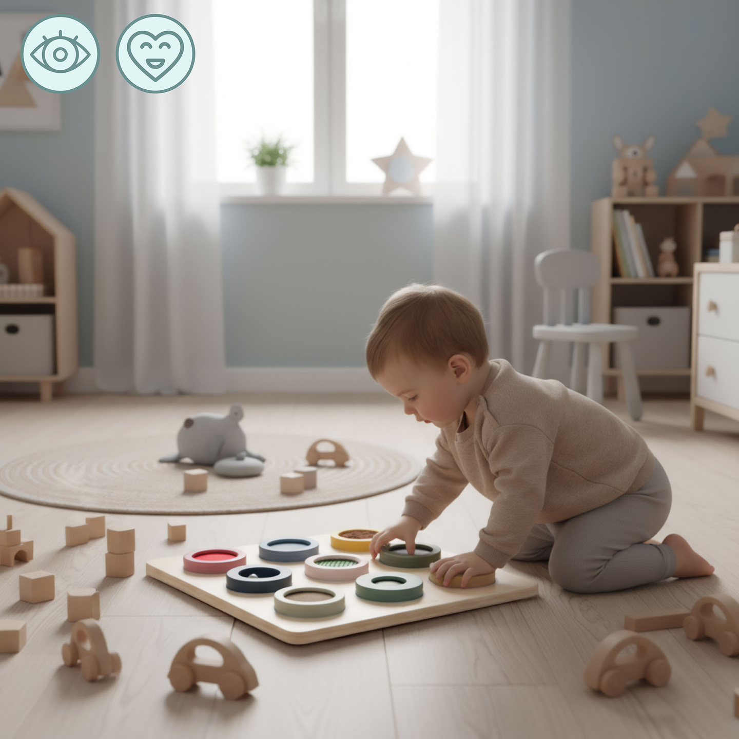 Tableau sensoriel Montessori en bois – 9 textures à découvrir et à développer le sens du toucher
