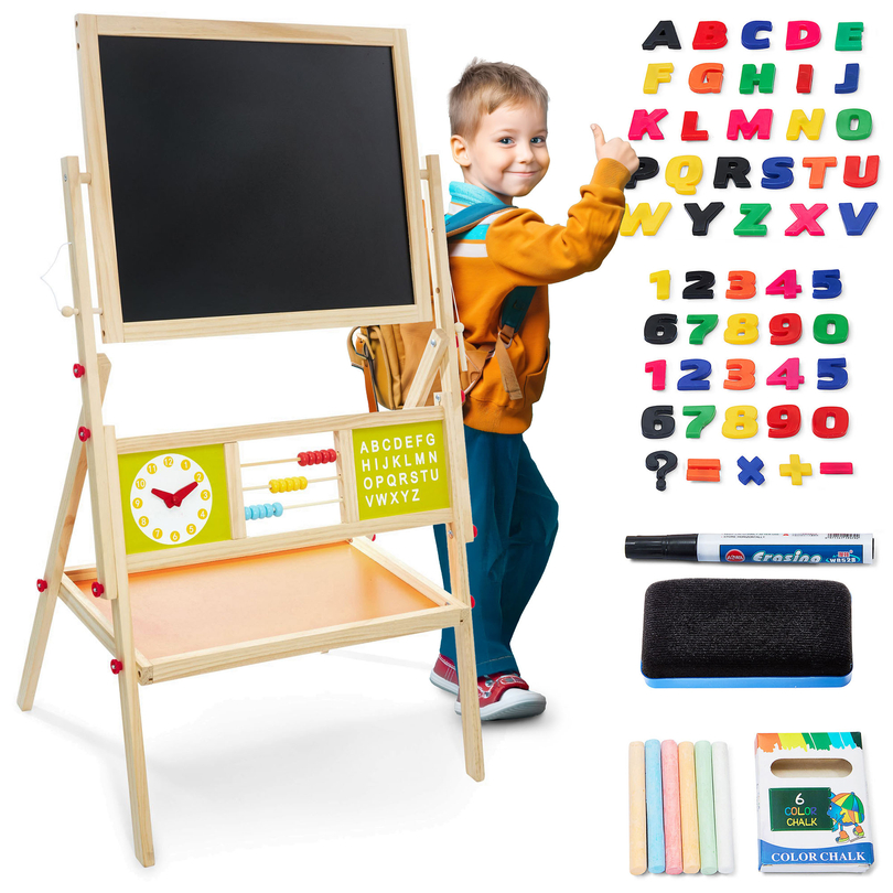 Grand tableau éducatif double face : magnétique et tableau noir - tableau effaçable à sec, en bois