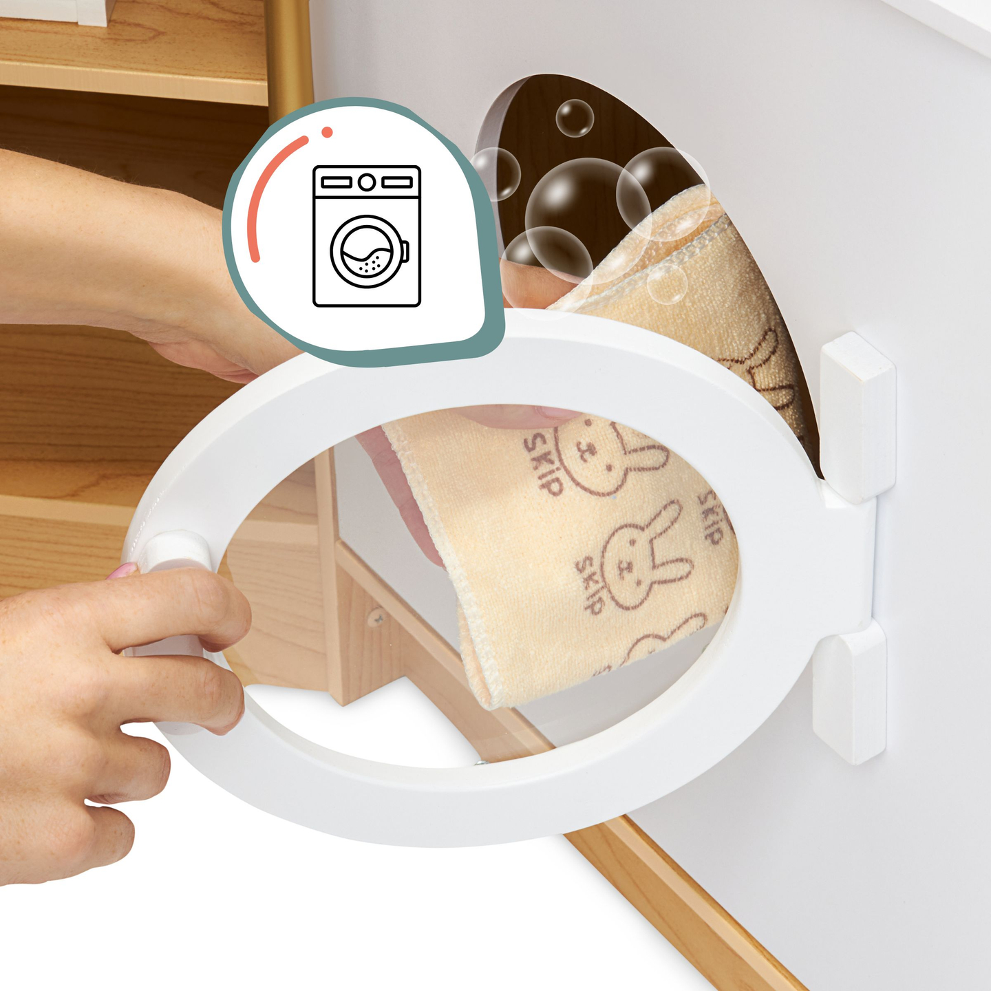 XXXXL grande cuisine interactive en bois avec éclairage LED, lave-linge, micro-ondes, machine à café et set de fruits et légumes - 50 éléments