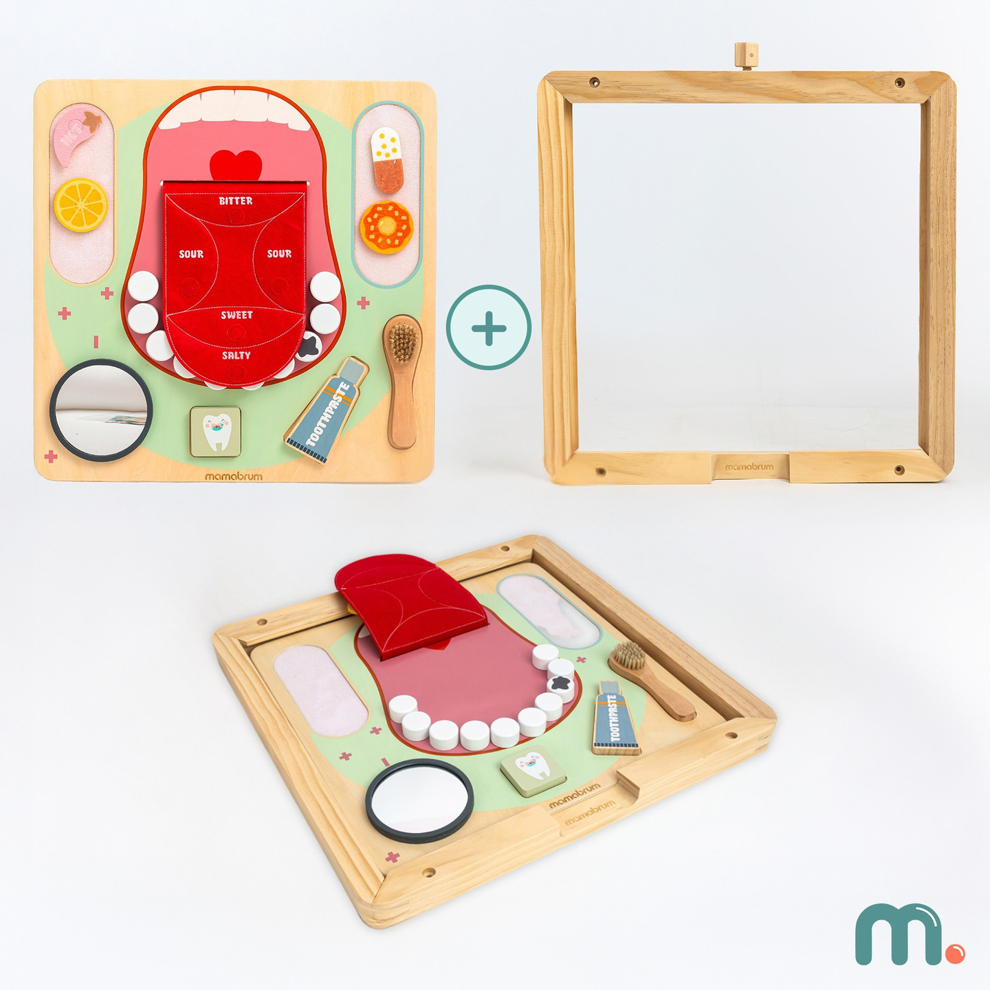 Planche éducative Montessori en bois Petit Dentiste - brosse à dents, dentifrice, dents amovibles, miroir, nourriture, apprentissage des saveurs