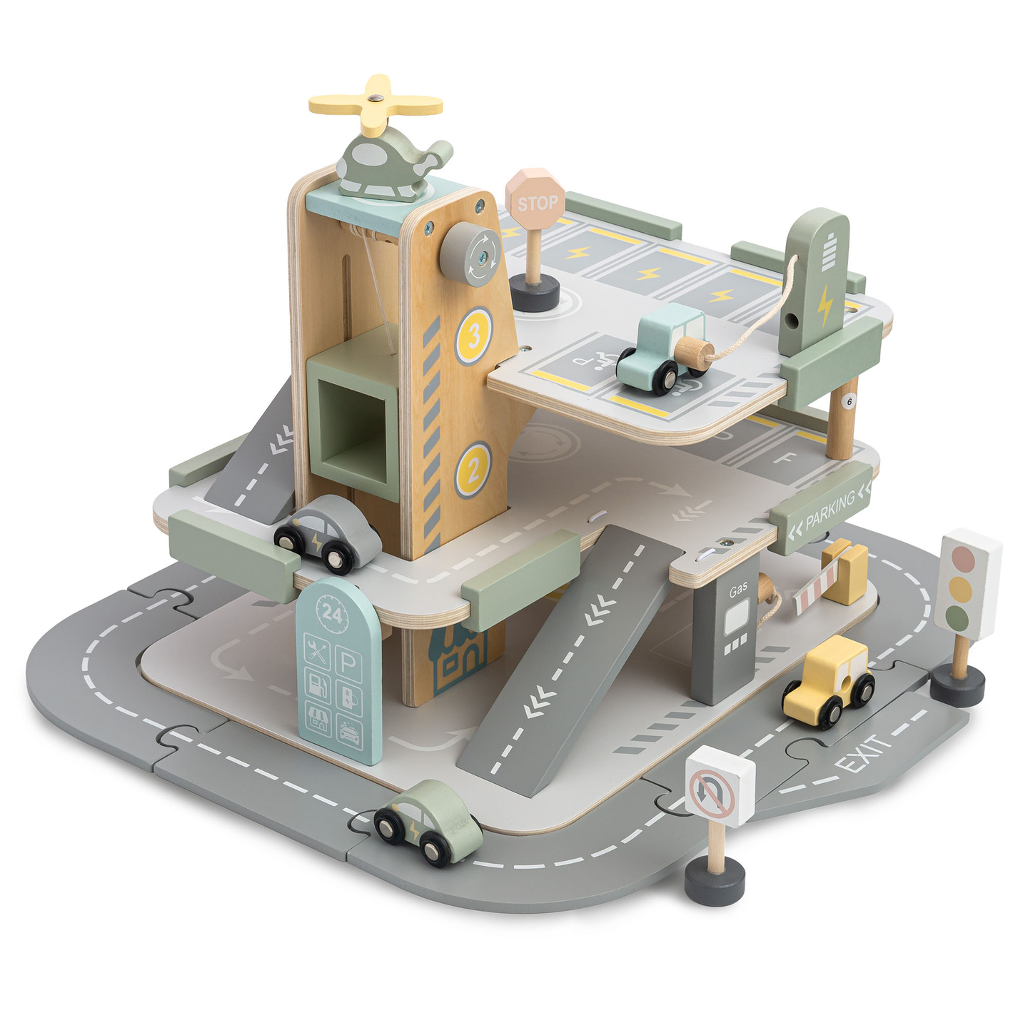 Garage en bois à trois étages pour enfants avec accessoires – parking, station-service, lave-auto, hélicoptère