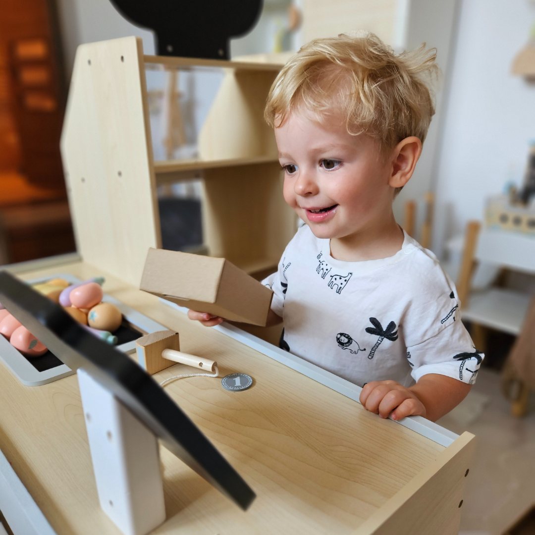 Marché aux légumes en bois - grand étal XXL, magasin avec caisse enregistreuse ludique