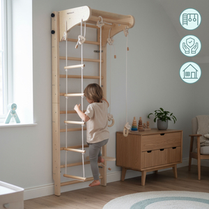 Échelle de gymnastique en bois pour enfants avec accessoires - une balançoire à assiettes, des anneaux de gymnastique et une échelle de corde