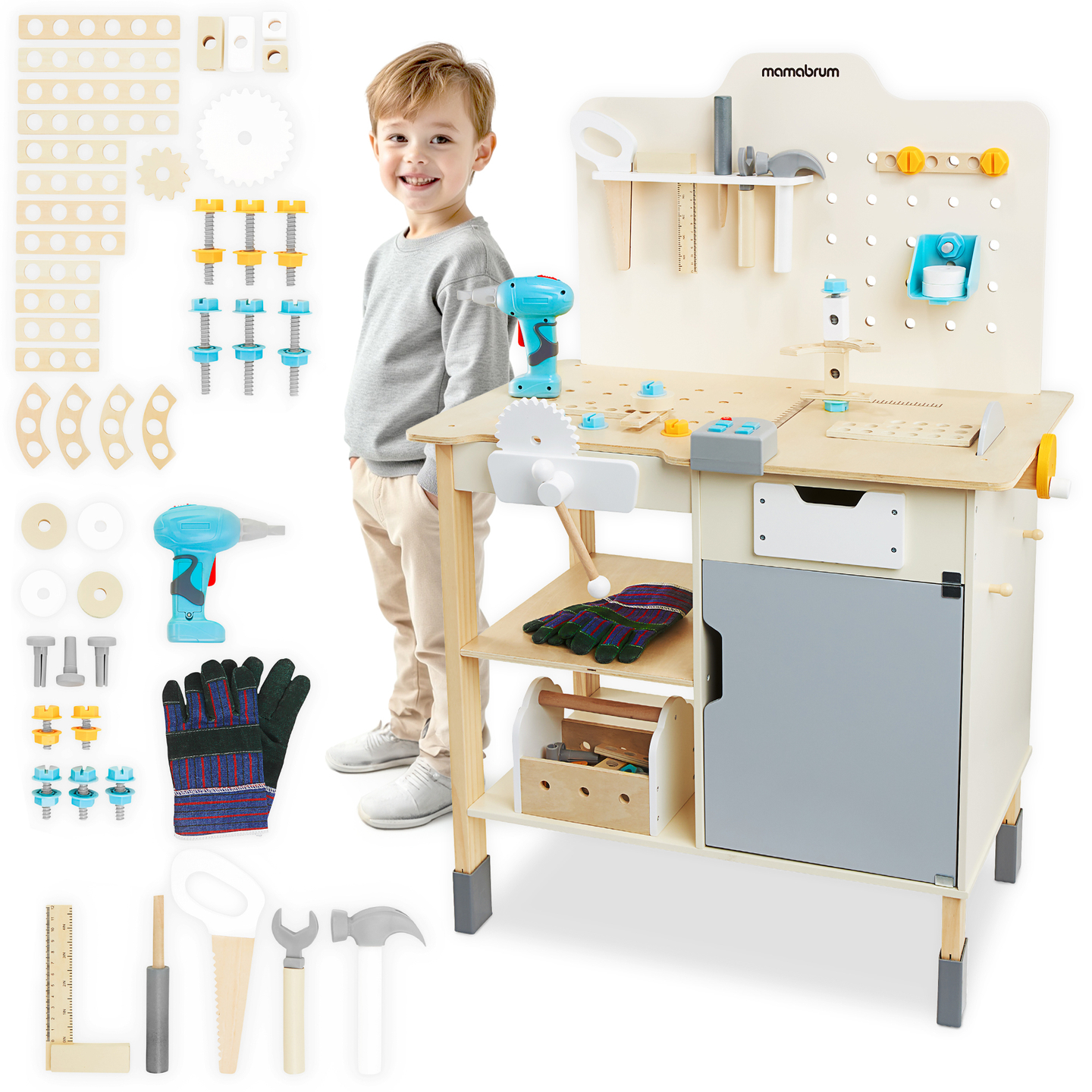 XXL Grand atelier en bois avec outils - set de bricolage, 74 éléments