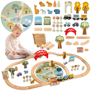 Train ZOO en bois – puzzle, train, rails, animaux, pont, barrière