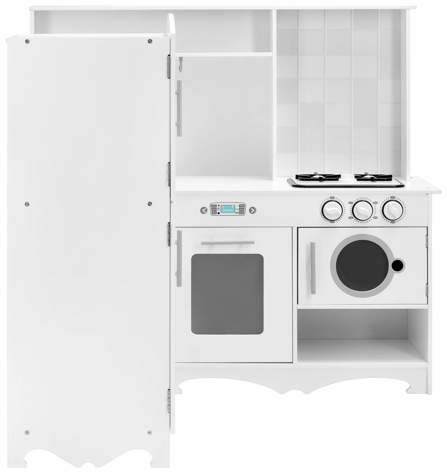 Coin cuisine XXXL en bois avec réfrigérateur, four, machine à laver, tablier et accessoires