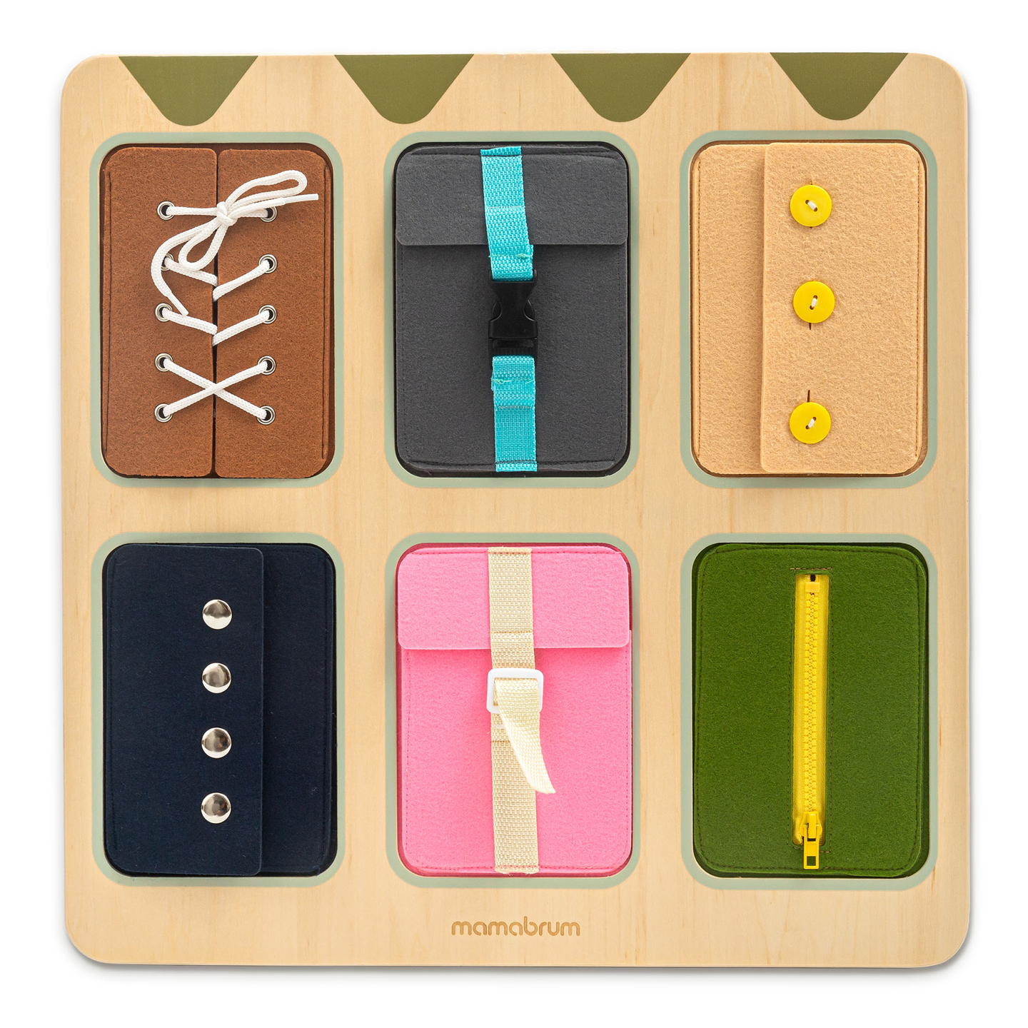 Tableau de manipulation Montessori en bois – Apprentissage sensoriel de l'autonomie – lacets, boucles, boutons, pressions, fermeture éclair