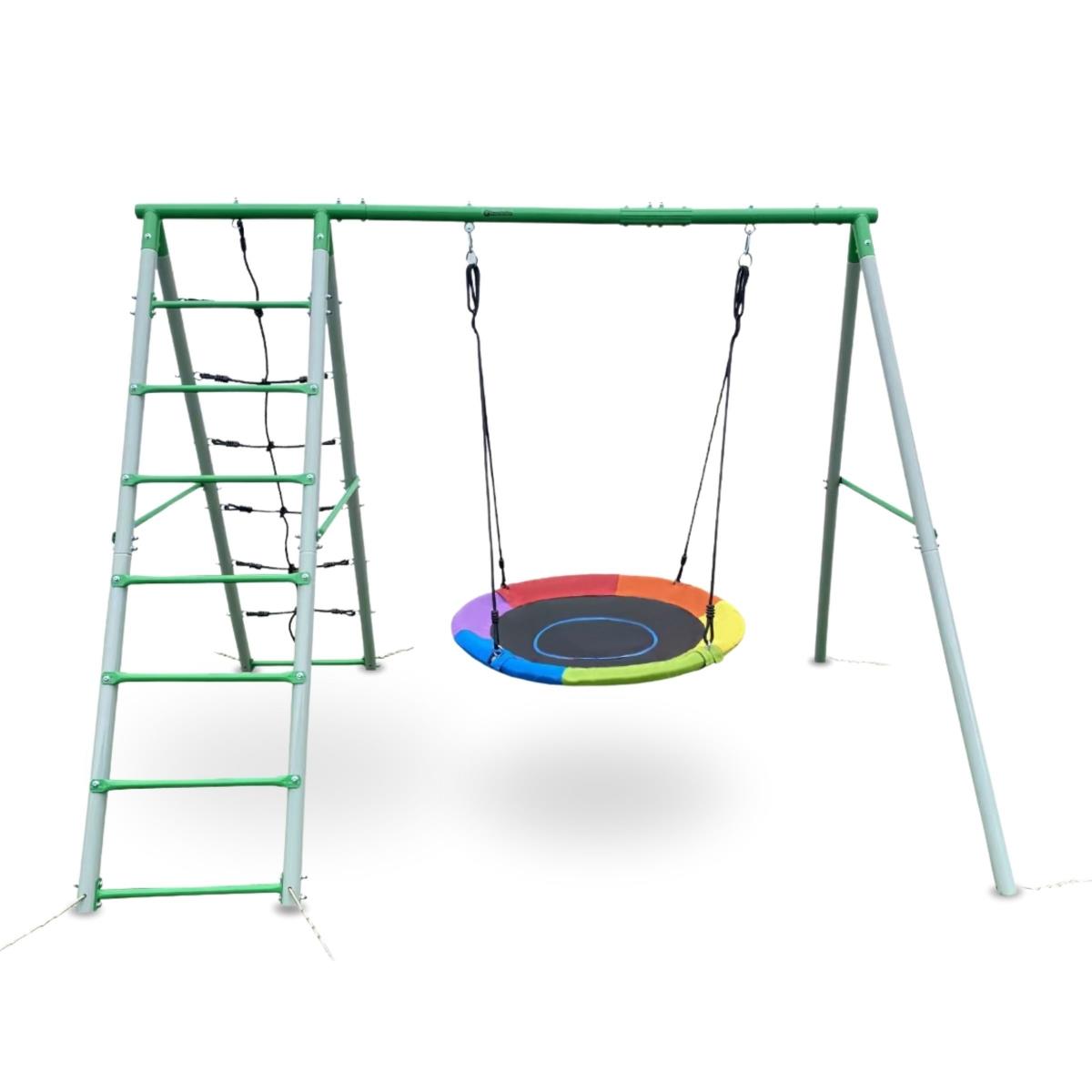 Aire de jeux de jardin XL pour enfants avec balançoire nid de cigogne, échelle et filet d'escalade