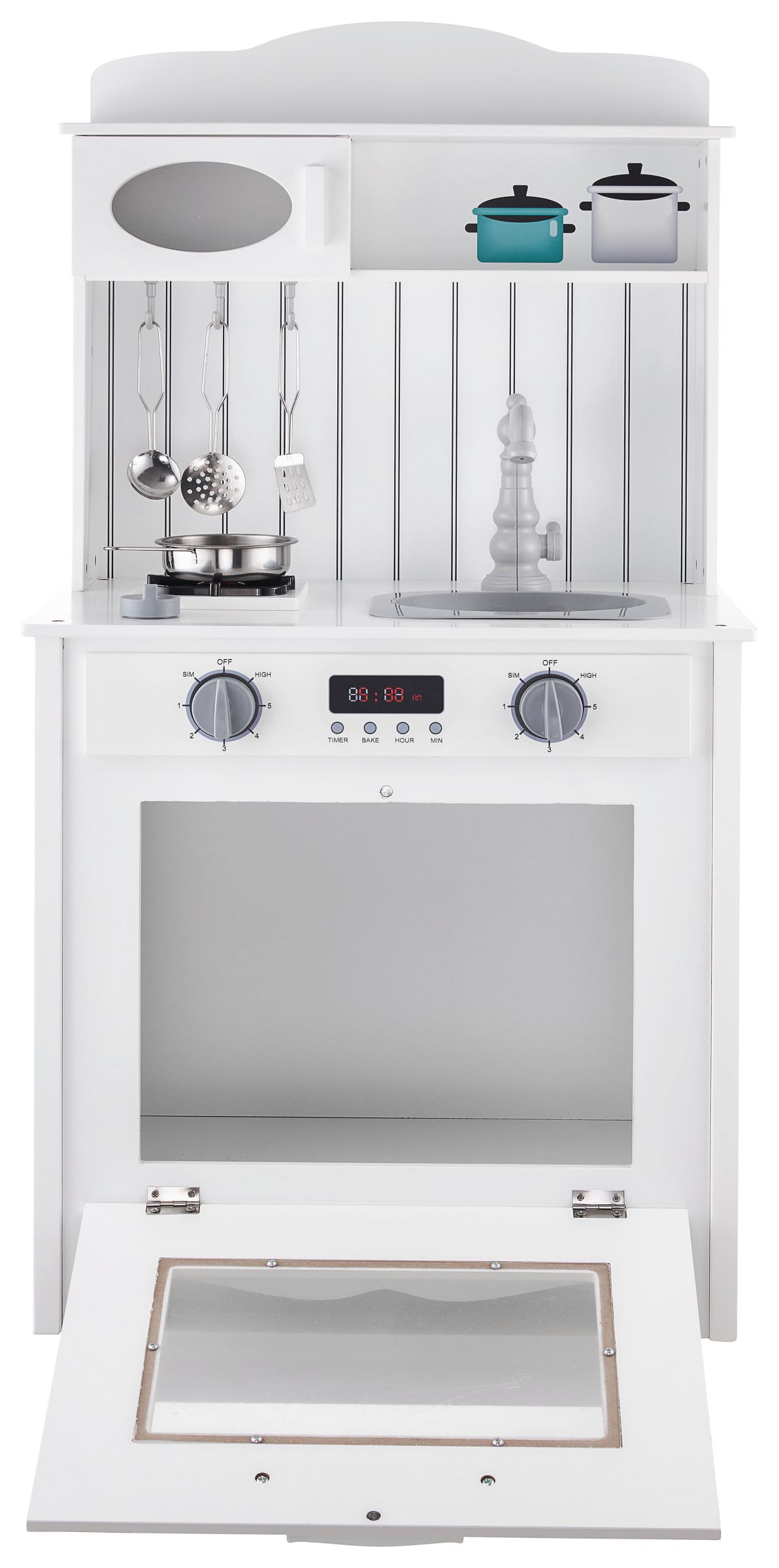 Cuisine en bois blanc avec tablier, accessoires et lampe LED