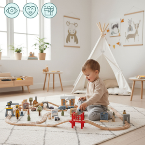 Chemin de fer urbain en bois avec train électrique - grue mobile, bateau, ponts