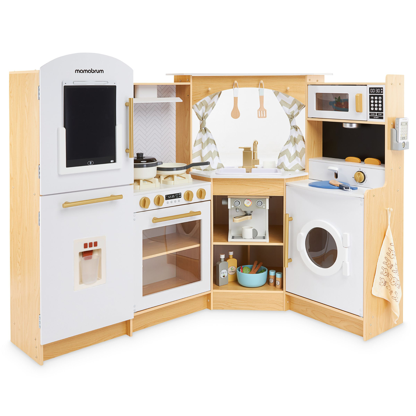 XXXXL grande cuisine interactive en bois avec éclairage LED, lave-linge, micro-ondes, machine à café et set de fruits et légumes - 50 éléments
