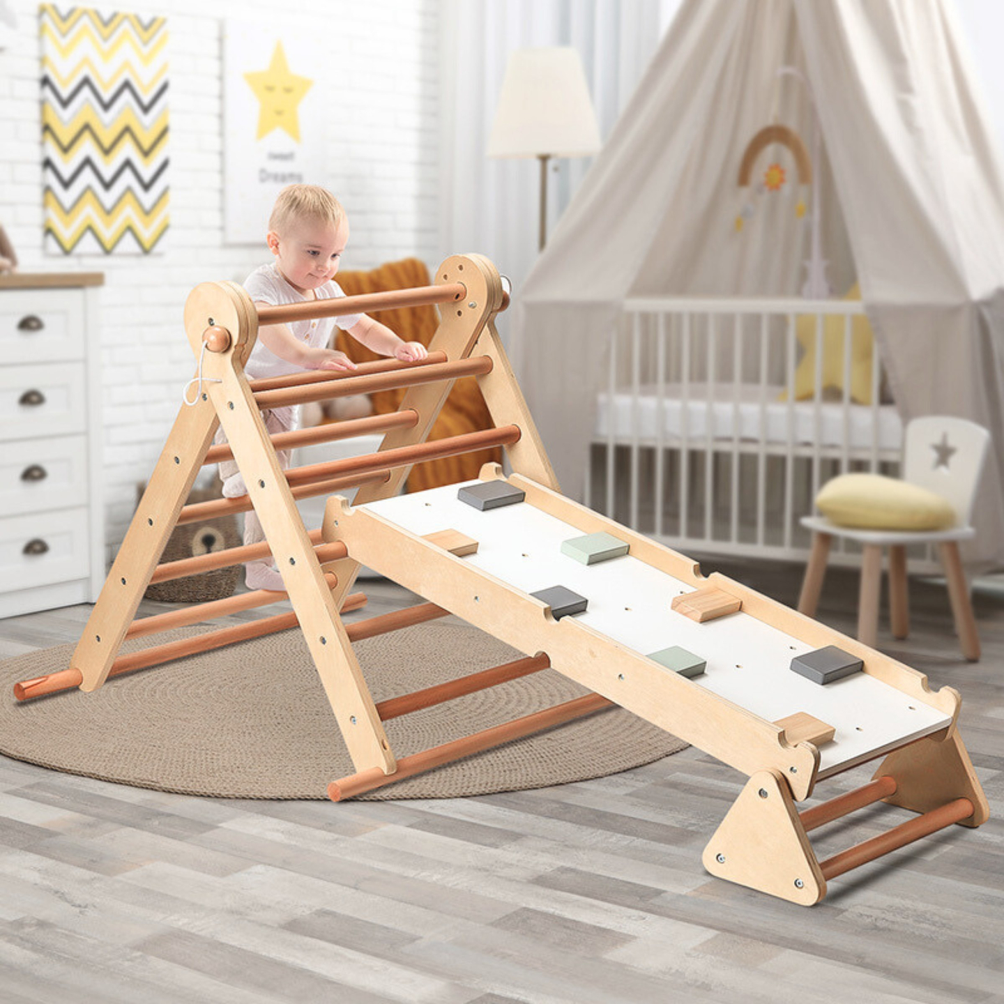 Aire de jeux en bois pour enfants - échelle + mur d'escalade + poutre d'équilibre - triangle de Pikler