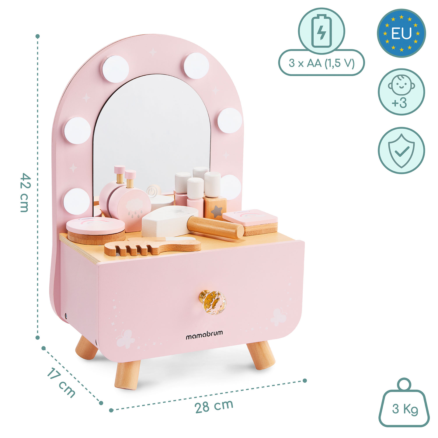 Mini coiffeuse en bois pour enfants avec accessoires et éclairage LED à luminosité réglable.