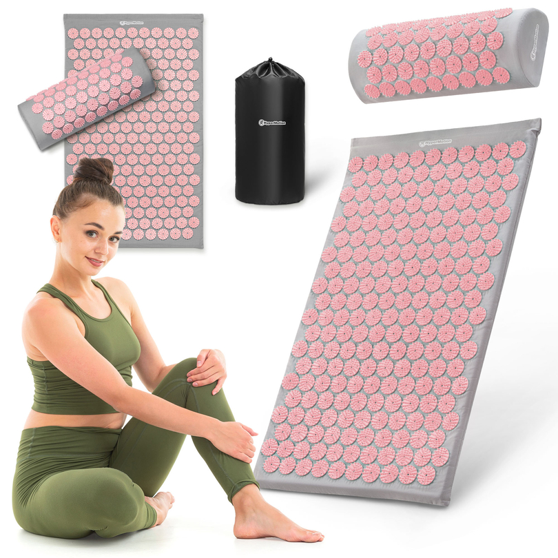 Tapis d'acupression avec coussin et housse - 72 cm HyperMotion gris et rose