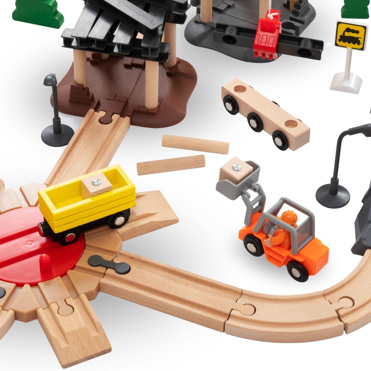 Chemin de fer en bois, train à batterie - Ville : voies, voitures, pont, aéroport