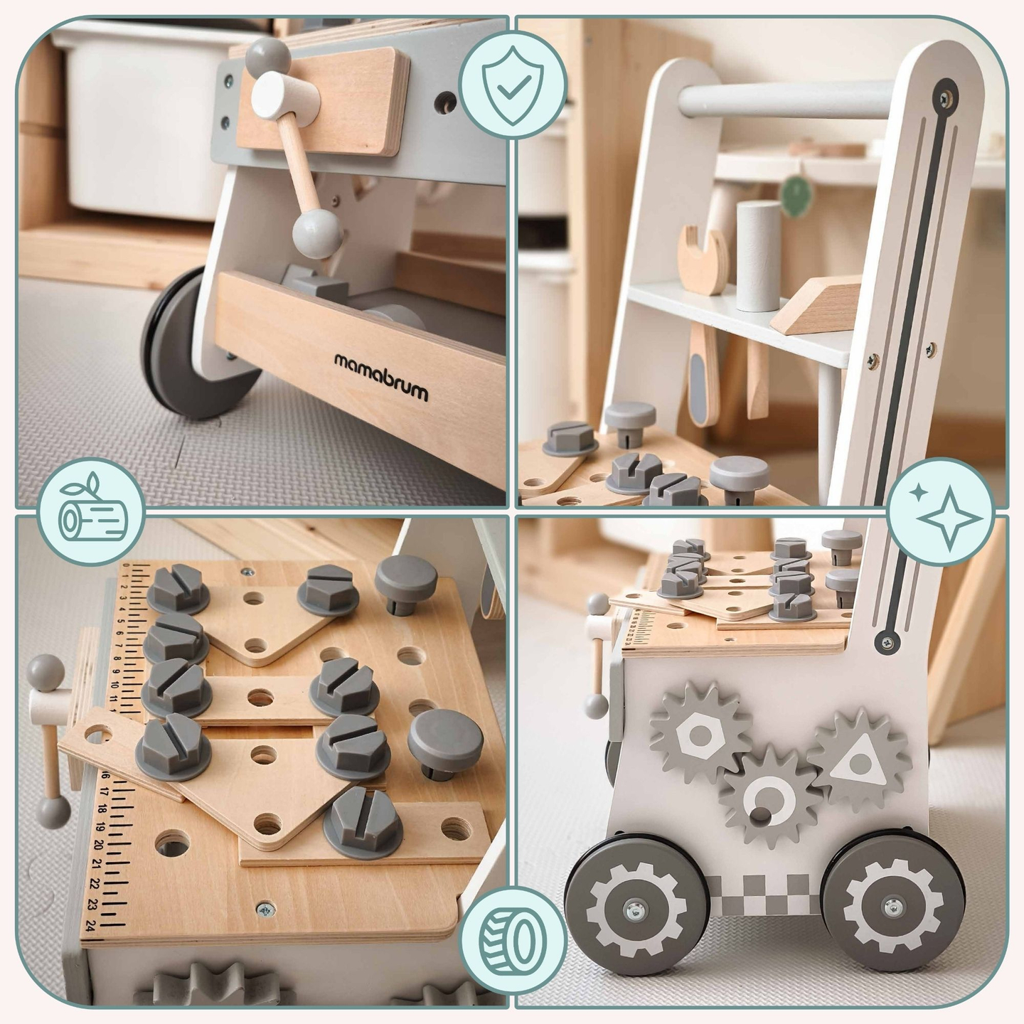 Déambulateur, pousseur et atelier en bois 3-en-1 - 47 éléments