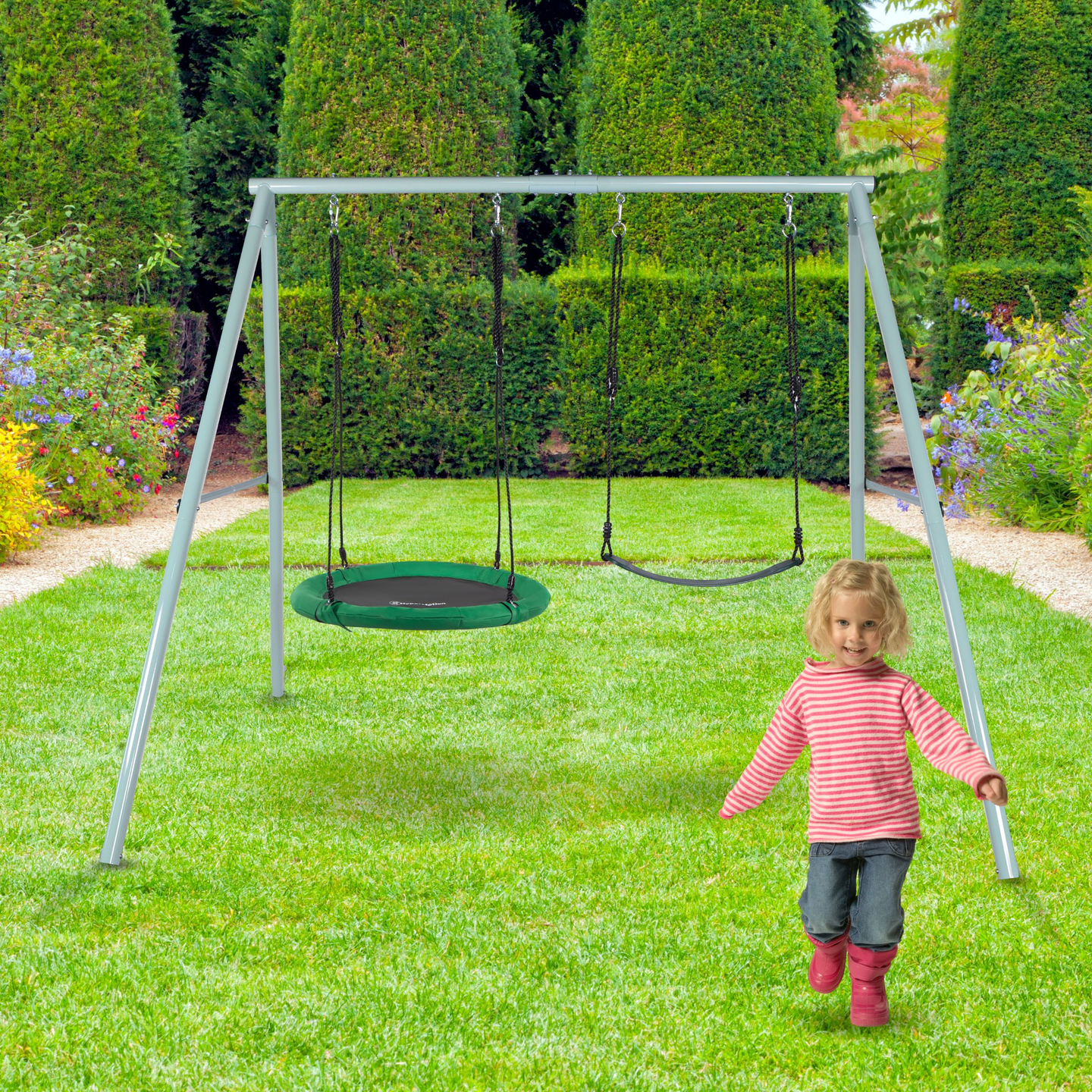 Balançoire de jardin double avec cadre et cordes - siège et nid de cigogne