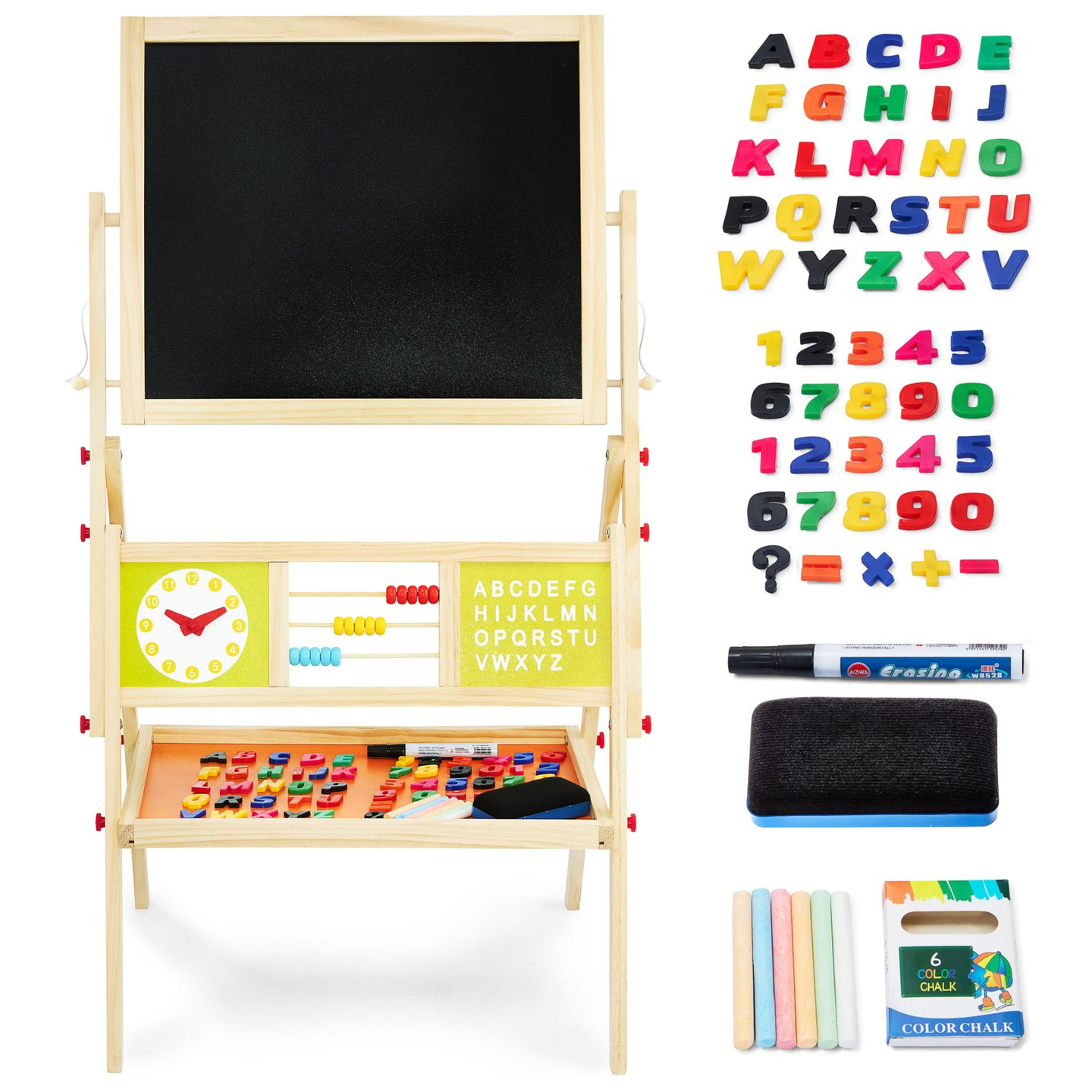 Grand tableau éducatif double face : magnétique et tableau noir - tableau effaçable à sec, en bois