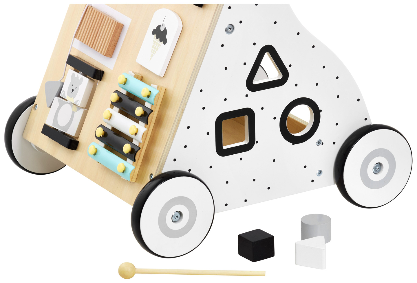 Trotteur / poussette en bois, éducatif - planche de manipulation