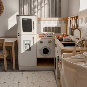 Cuisine d'angle interactive en bois XXXL avec réfrigérateur, micro-ondes, four, lave-linge et accessoires - naturel