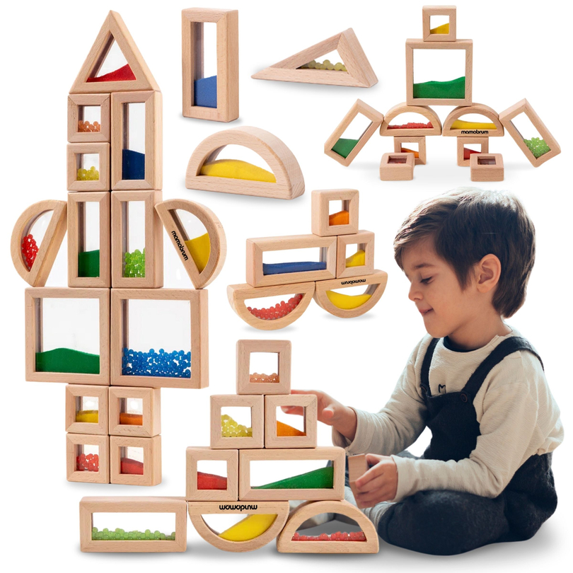 Jeu de blocs sensoriels en bois avec différents remplissages - 15 pièces
