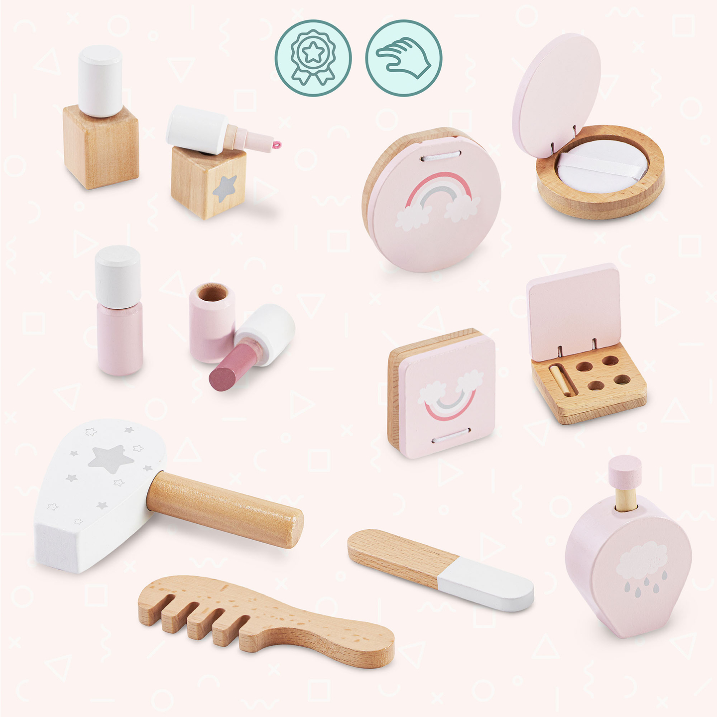 Coiffeuse en bois pour enfants avec éclairage LED à luminosité réglable, chaise et accessoires inclus.