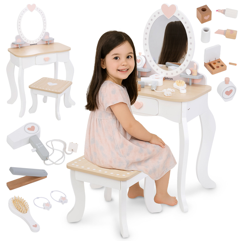 Coiffeuse en bois avec tabouret et accessoires