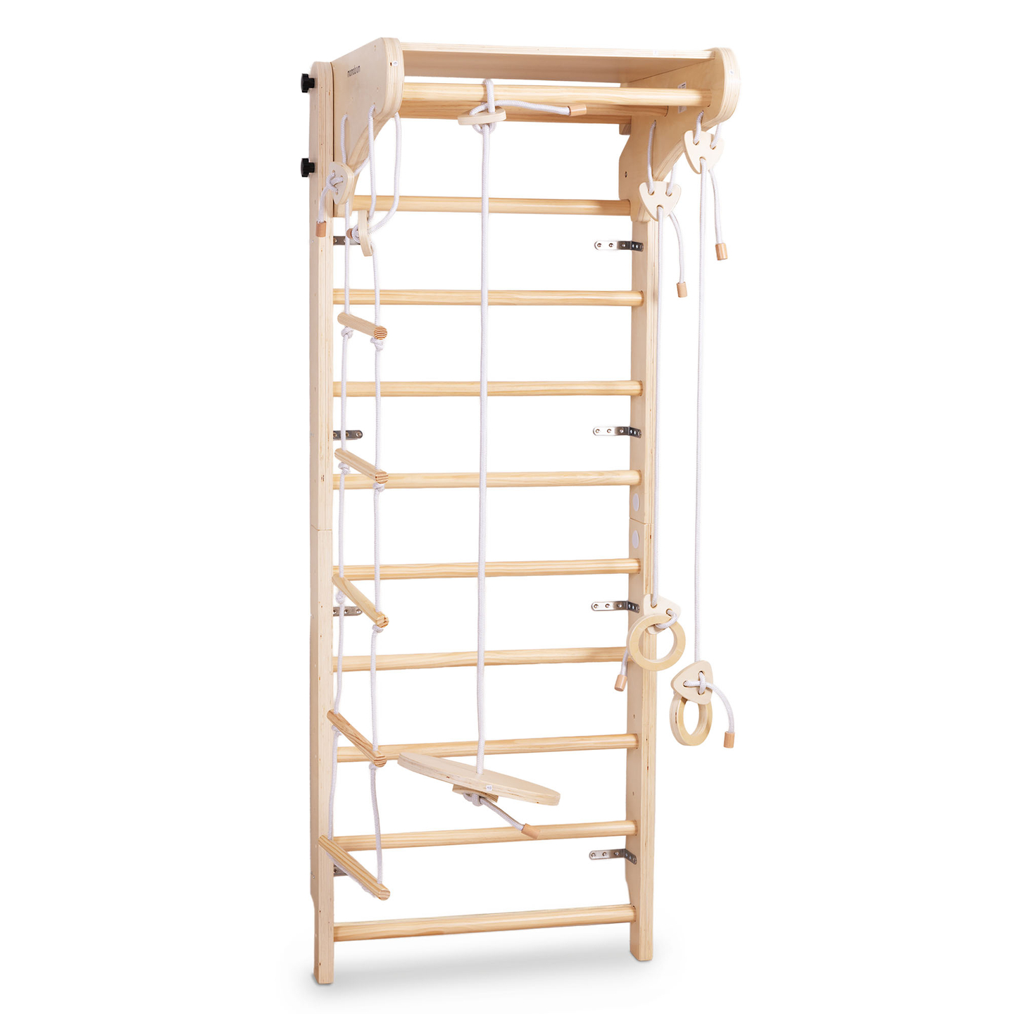Échelle de gymnastique en bois pour enfants avec accessoires - une balançoire à assiettes, des anneaux de gymnastique et une échelle de corde