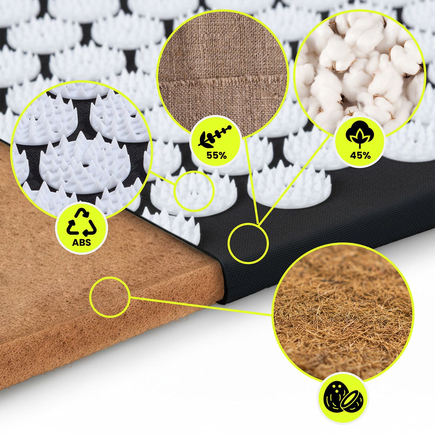 Tapis d'acupression en lin écologique avec coussin en fibres de coco et sarrasin – 68 cm HyperMotion Noir et Blanc