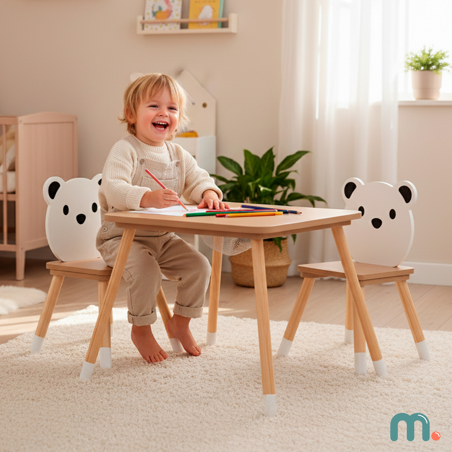 Table en bois avec rangement et 2 chaises Ensemble enfant - Ours en peluche mignon