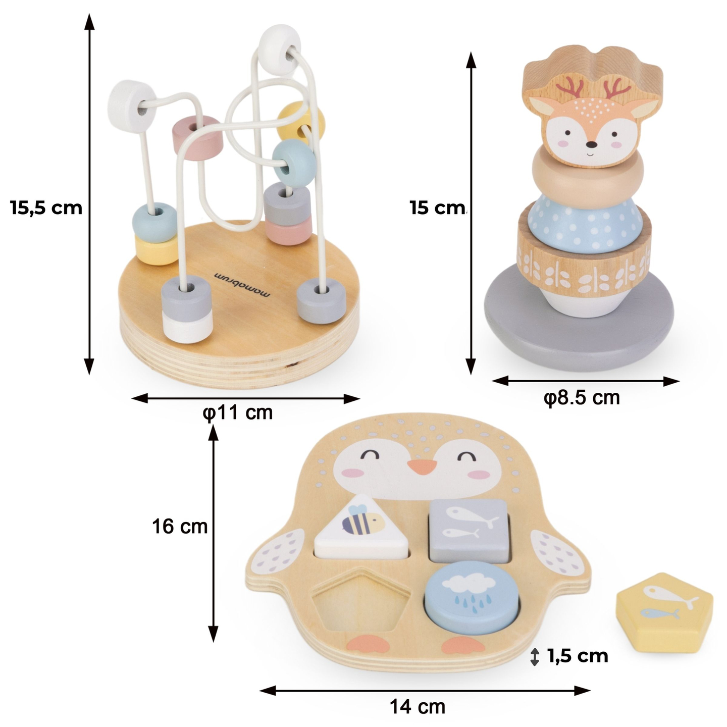 Ensemble de jouets en bois - entrelacs colorés, pyramide Deer, trieur Penguin