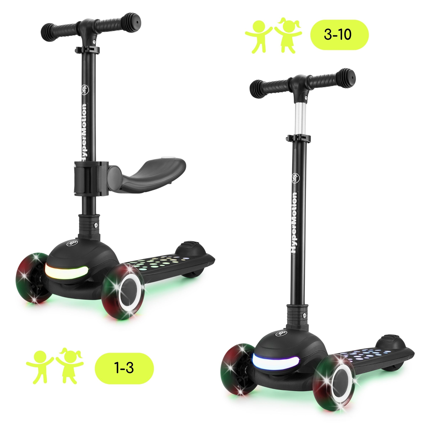 HyperMotion LUMI scooter d'équilibre 3-en-1 - plateforme éclairée et roues LED, couleur noire