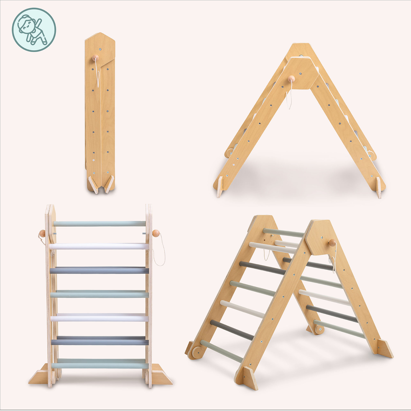 Aire de jeux intérieure en bois pour enfants - mur d'escalade, toboggan, arche d'escalade/bascule et triangle de Pikler