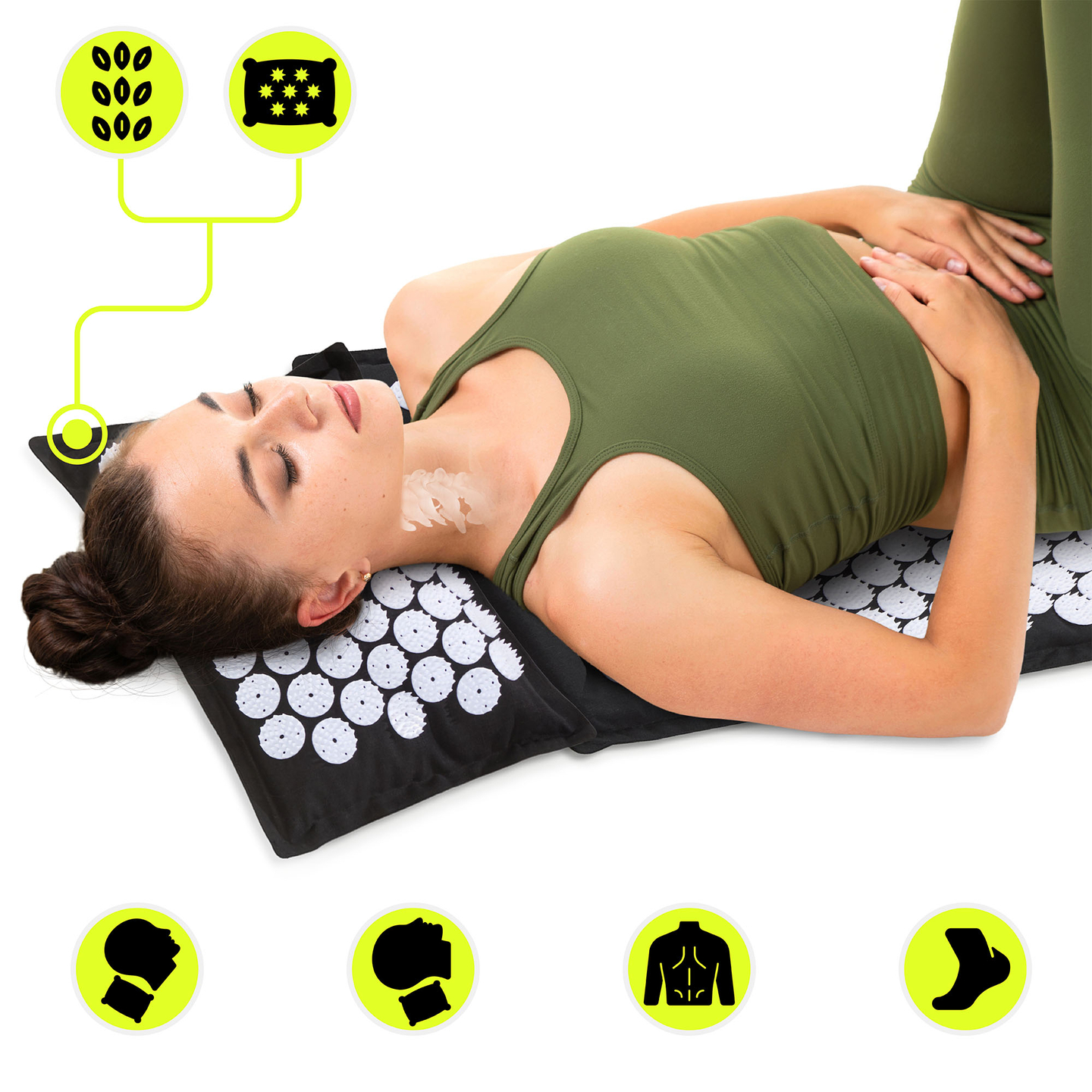 Tapis d'acupression en lin écologique avec coussin en fibres de coco et sarrasin – 68 cm HyperMotion Noir et Blanc